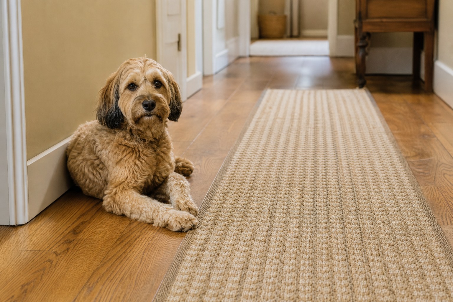 Well-groomed dog resting beside a runner on a hardwood hallway floor