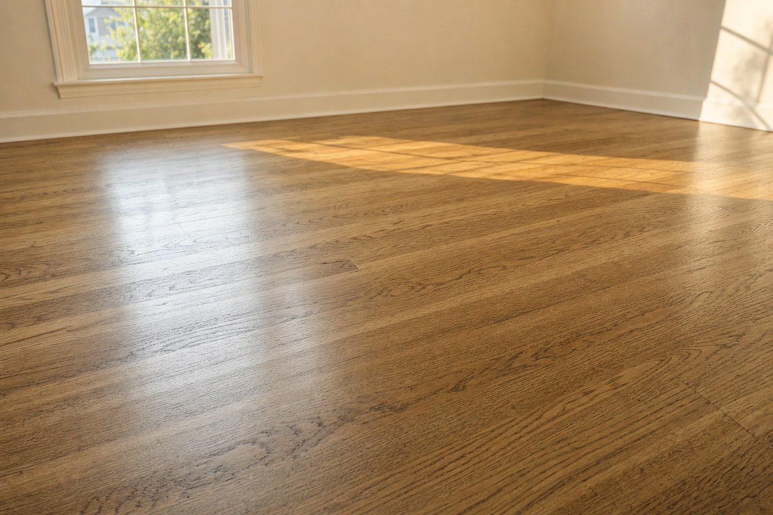Freshly refinished oak hardwood floor with a smooth satin finish in natural light