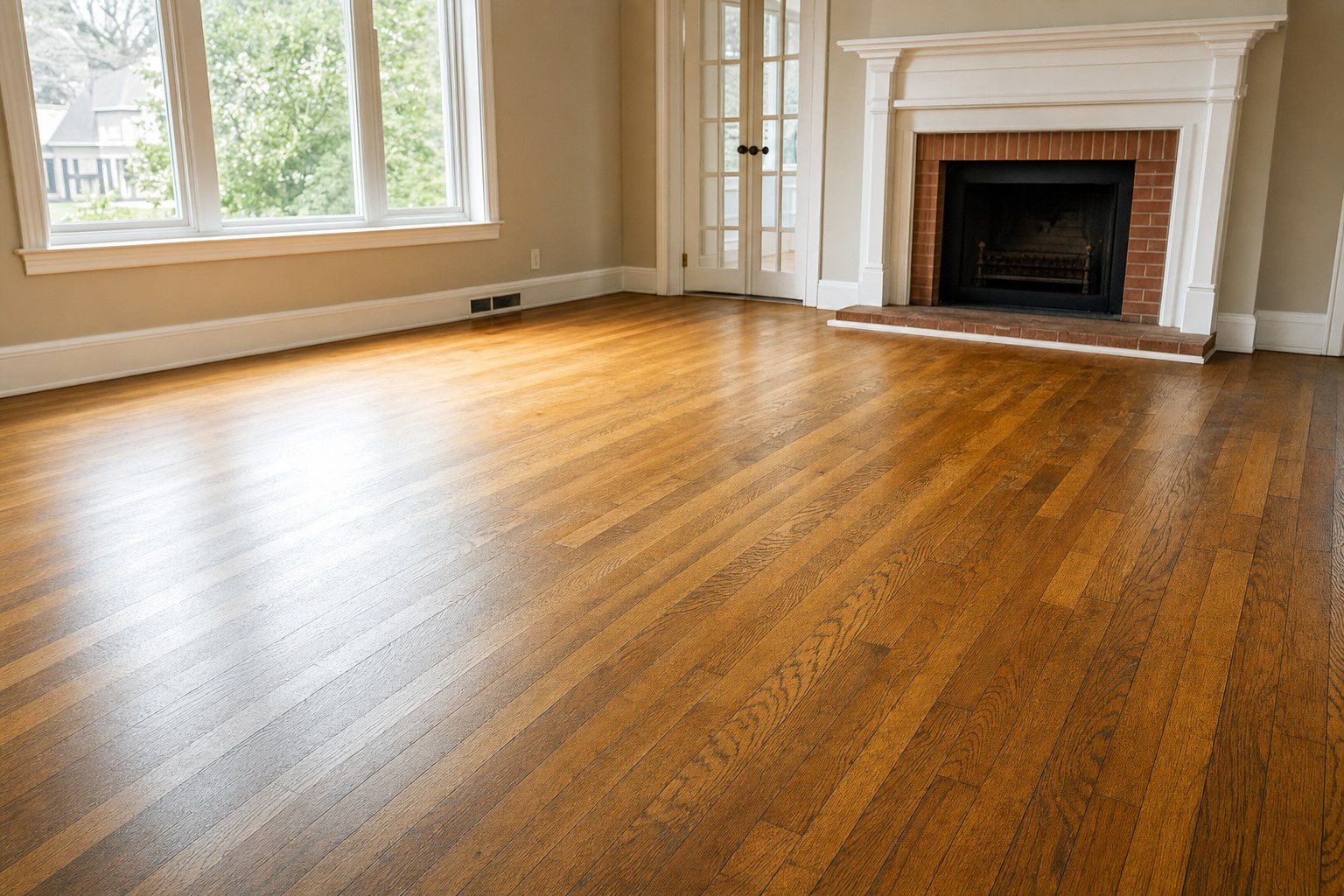 Warm oak hardwood floor in a sunlit empty living room prepared for refinishing
