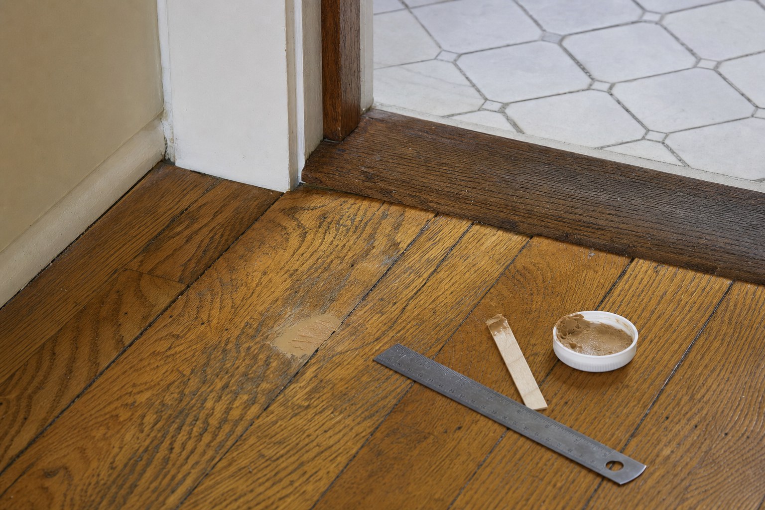 Oak hardwood floorboards at a doorway with a small repair area being assessed