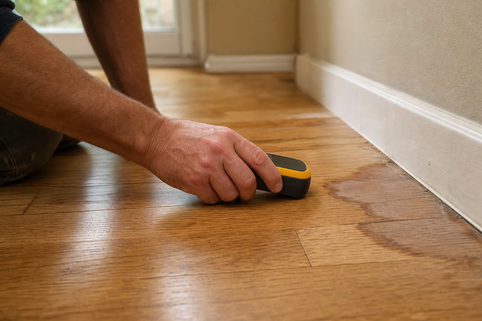 Flooring professional checking a water-marked hardwood floor with a moisture meter