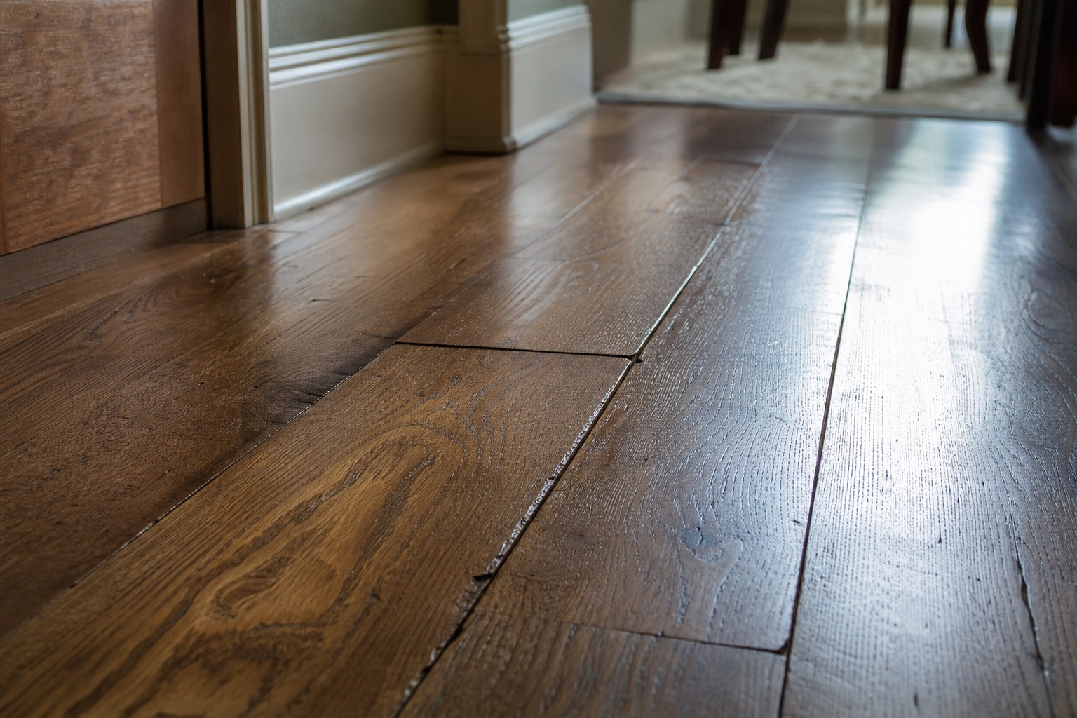 Oak hardwood floorboards with raised edges from moisture-related cupping