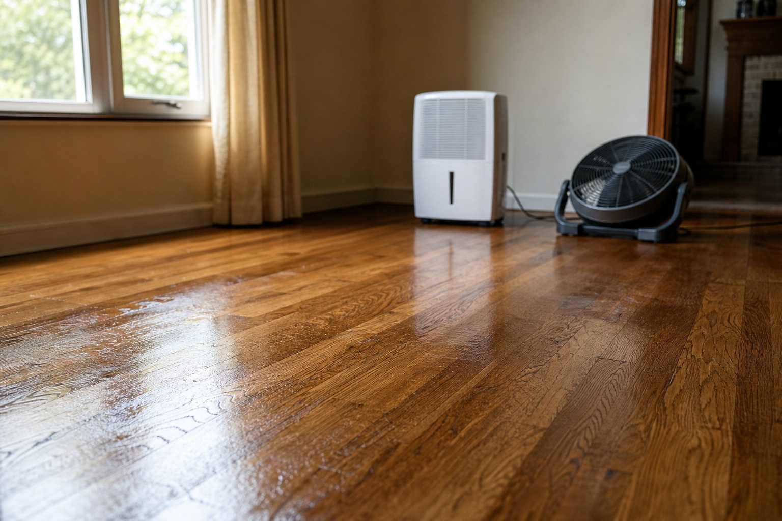 Hardwood floor drying in a calm room with a dehumidifier and fan