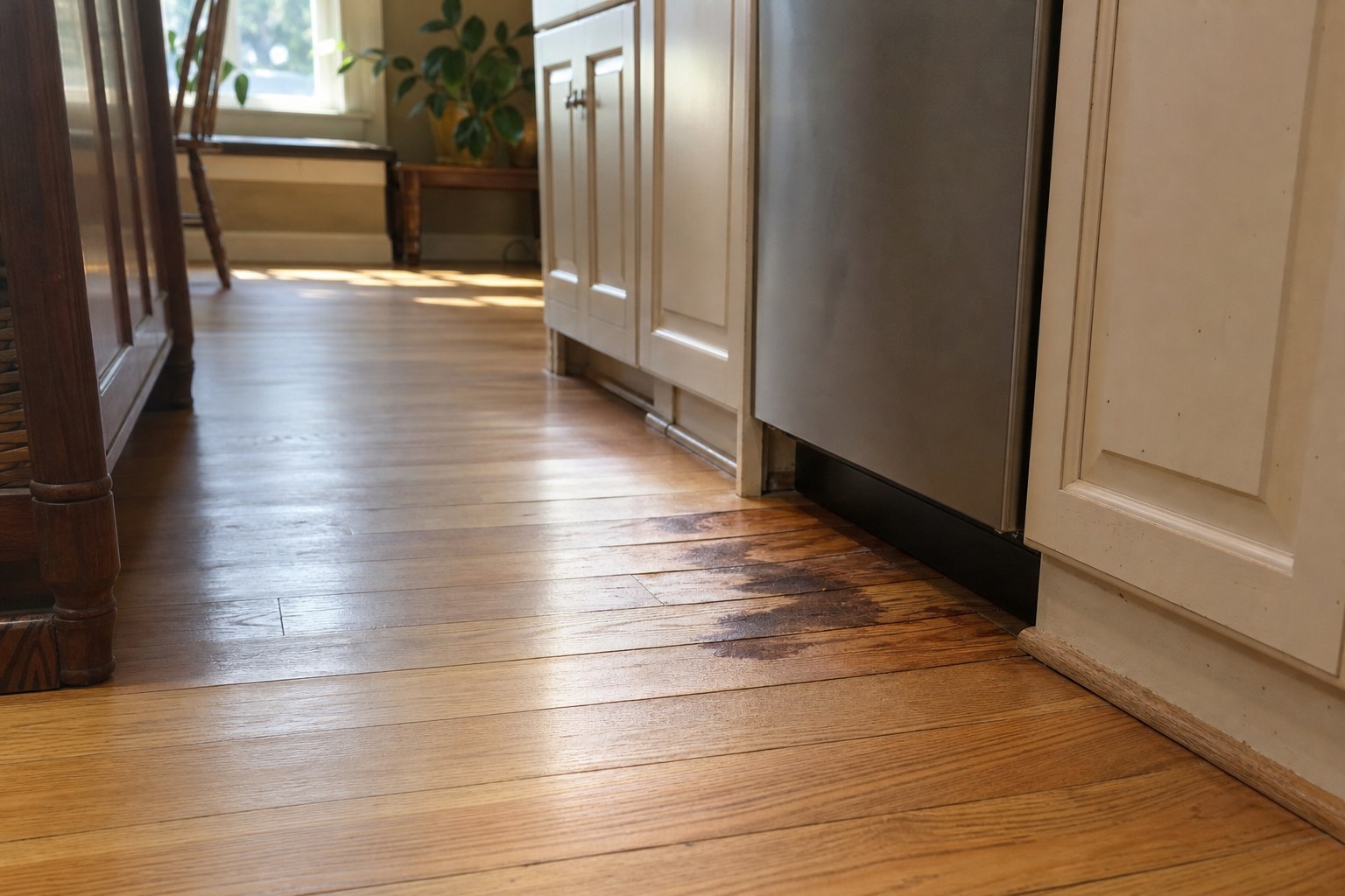 Oak hardwood floor with visible water damage near a kitchen dishwasher