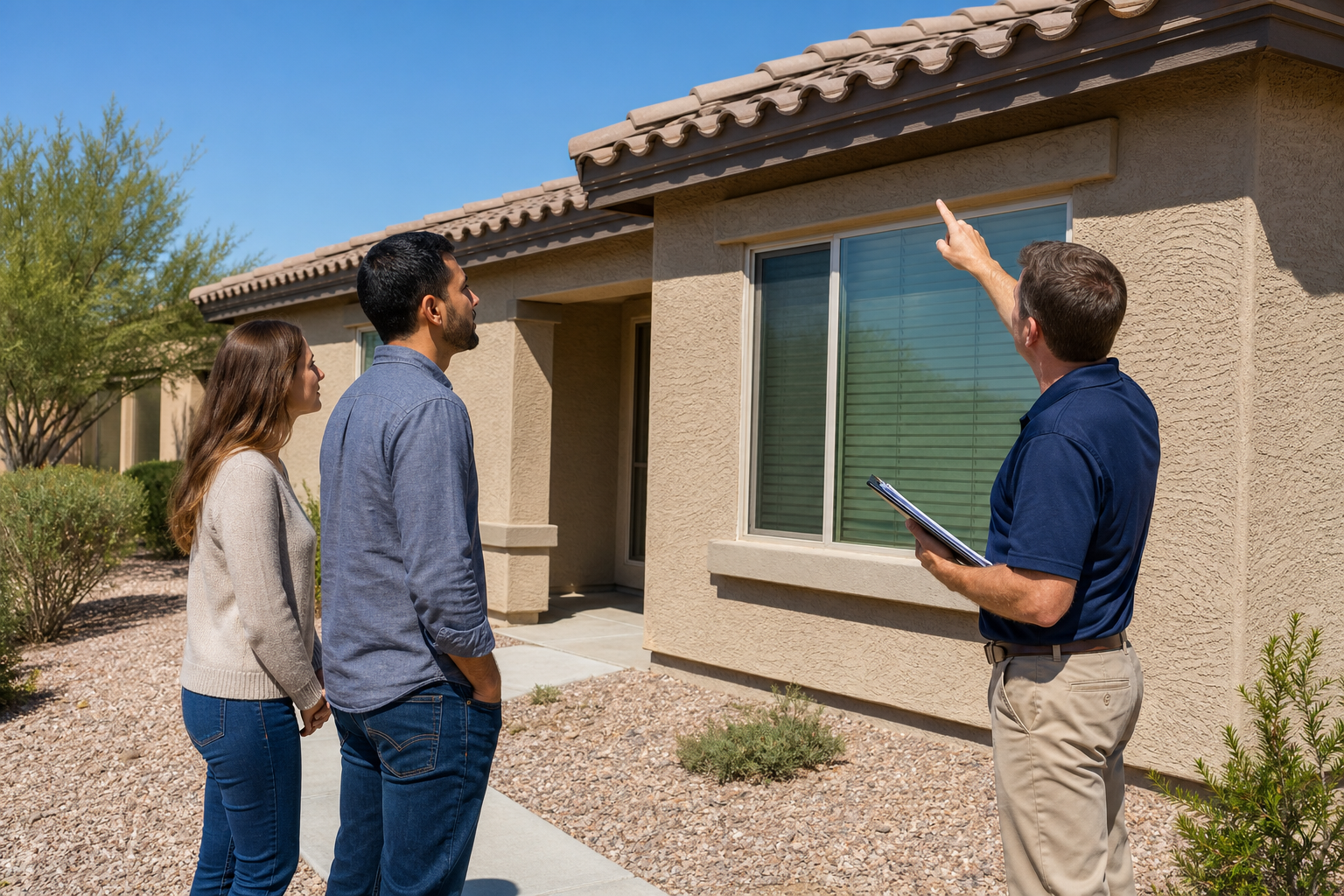 Buyers reviewing an Arizona home exterior with a home inspector