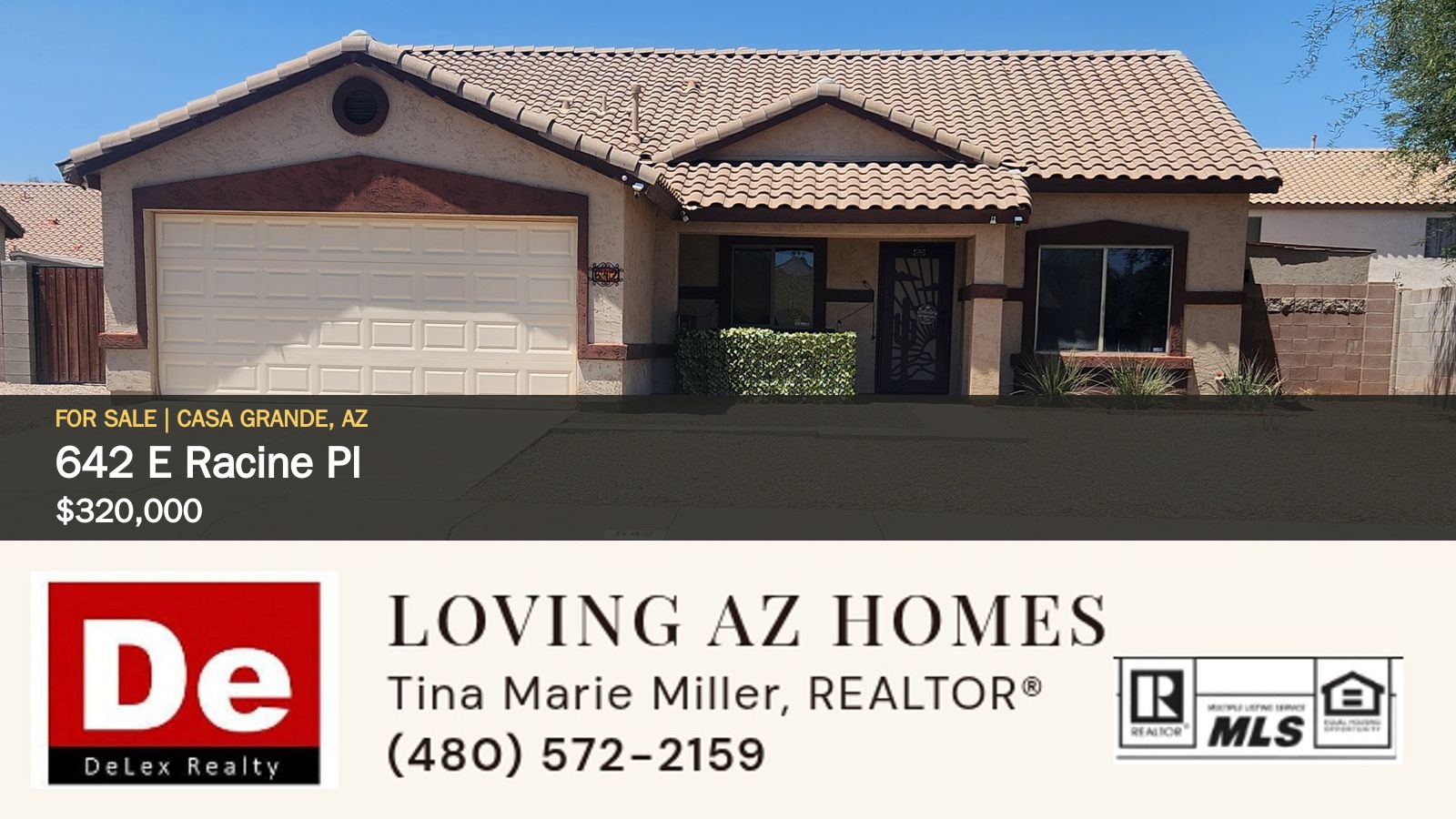 Front exterior of 642 E Racine Pl in Casa Grande, showing the two-car garage and covered entry