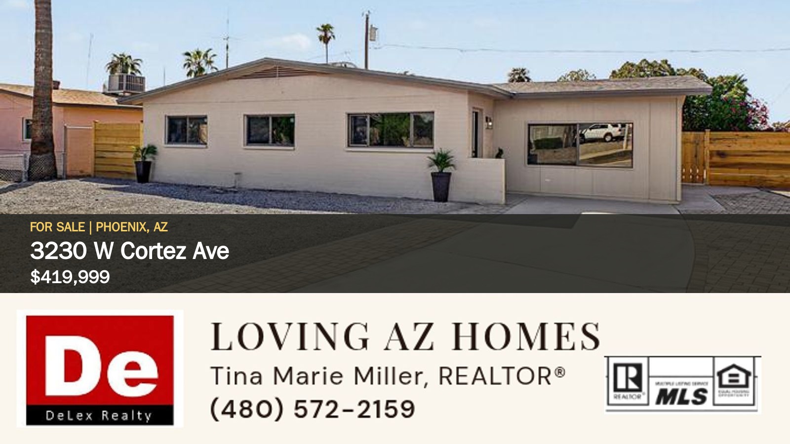 Front exterior of 3230 W Cortez Ave in Phoenix, showing the home and driveway