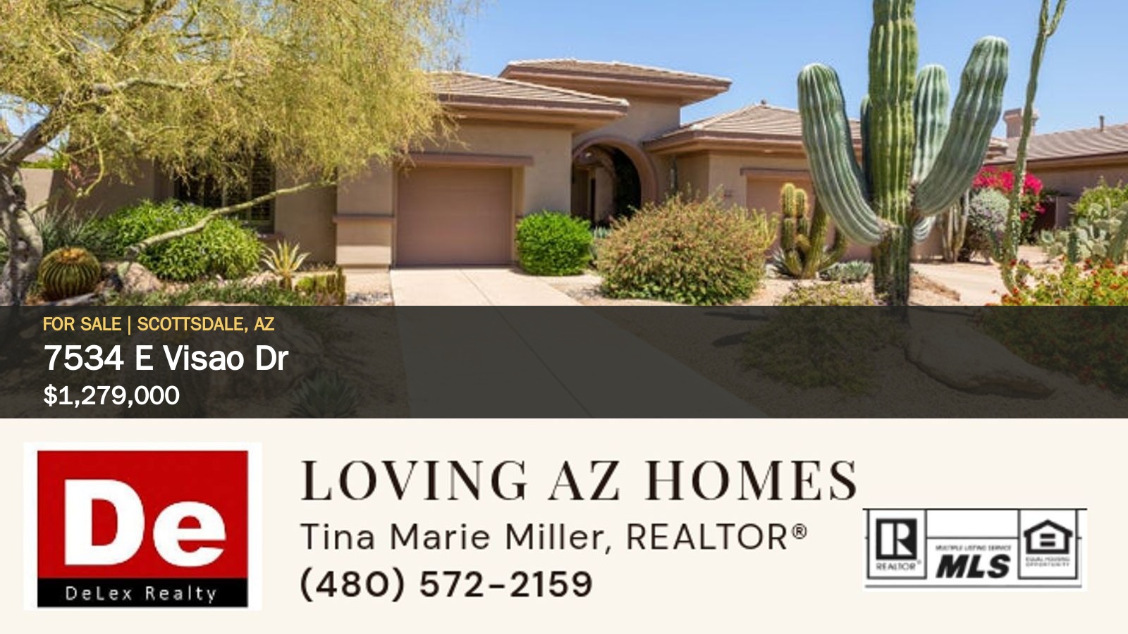 Front exterior of 7534 E Visao Dr in Scottsdale, with desert landscaping and a saguaro cactus