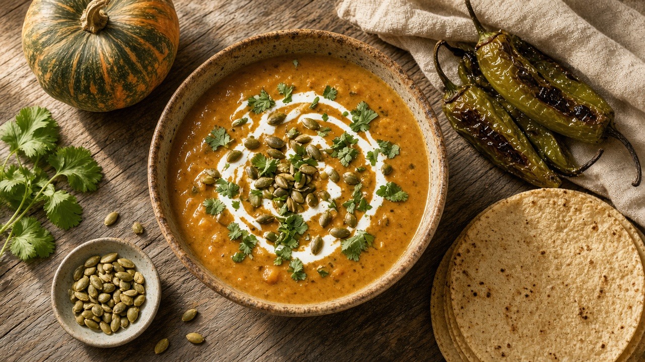 AI-generated illustration of pumpkin green chile soup