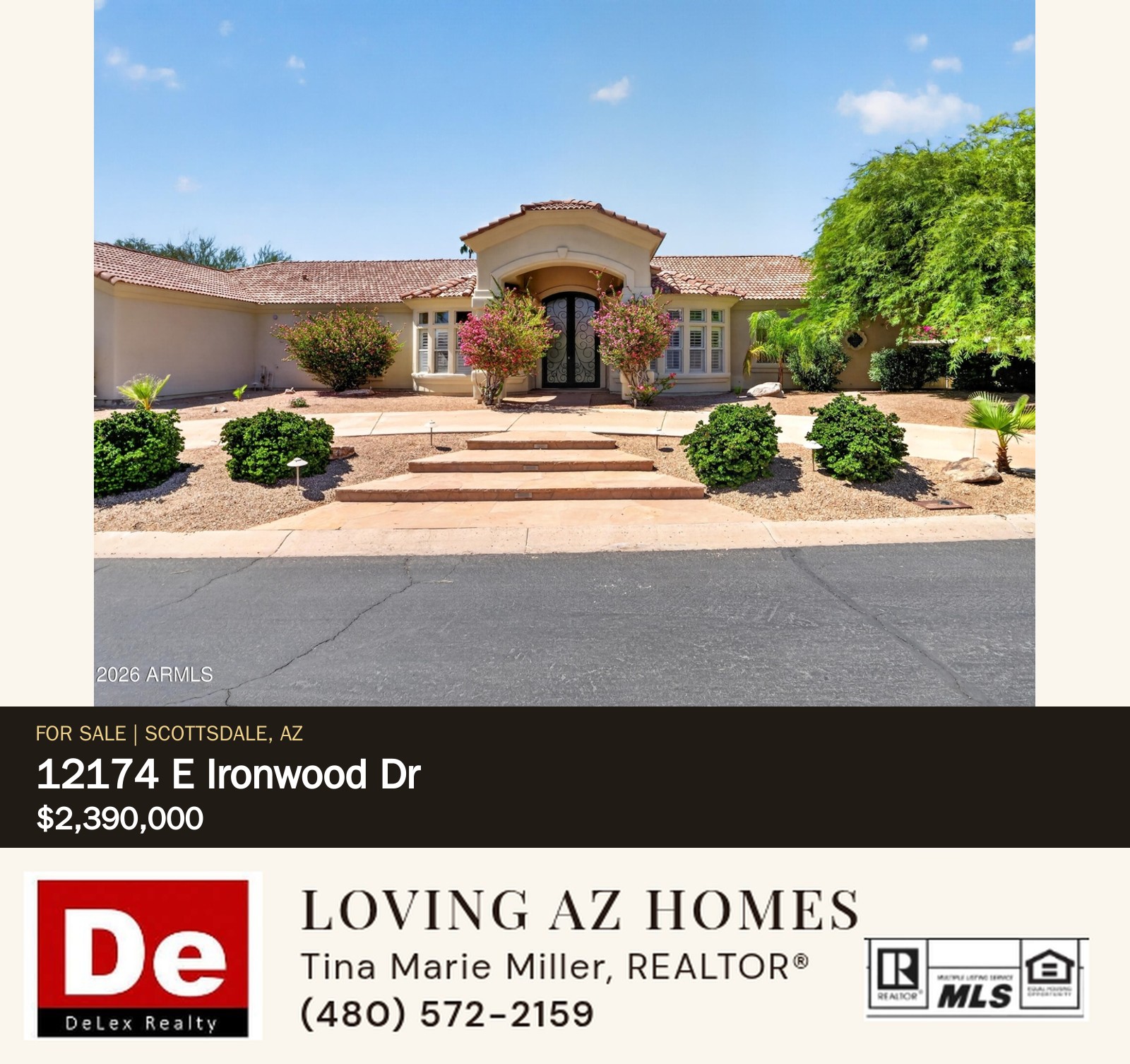 Front exterior and entrance of 12174 E Ironwood Dr in Scottsdale, offered at $2,390,000