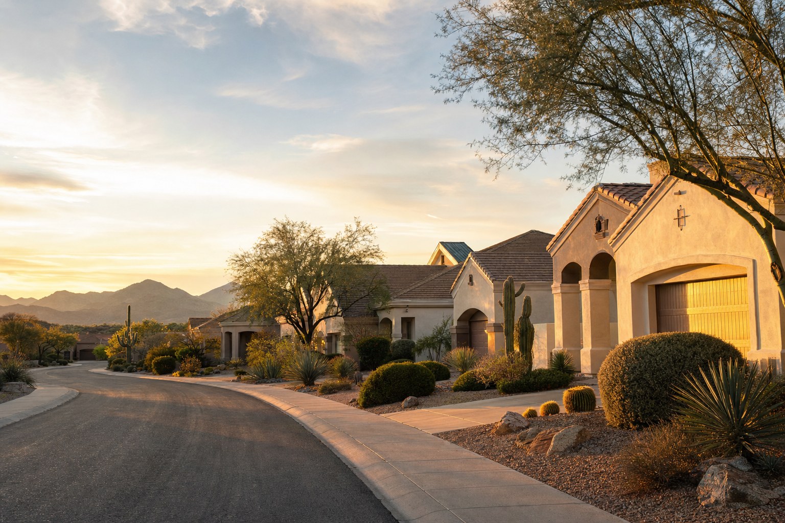 Arizona desert neighborhood at sunset