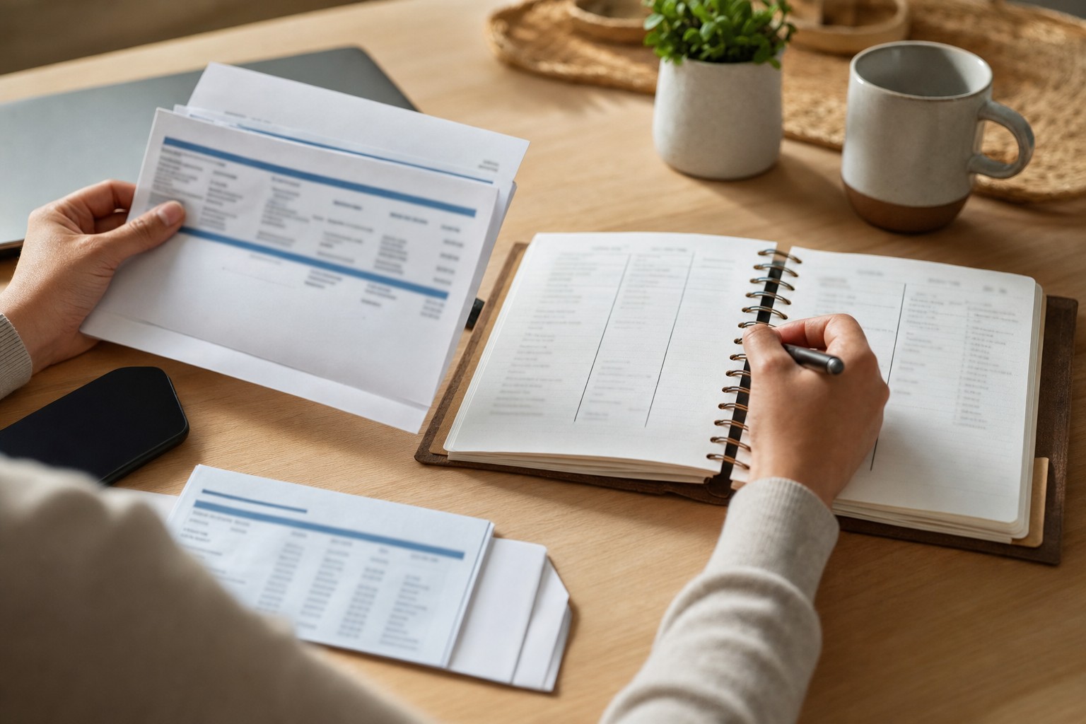 Homebuyer organizing financial documents and a household budget
