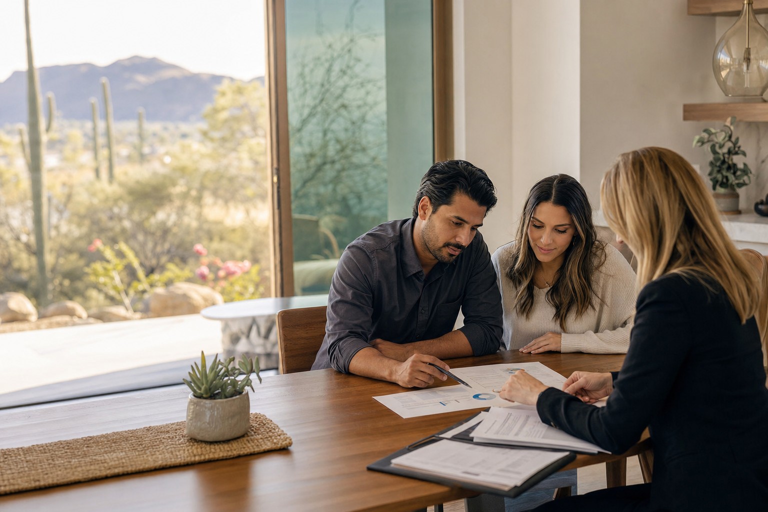 Buyers reviewing their home search budget with a real estate agent in an Arizona home