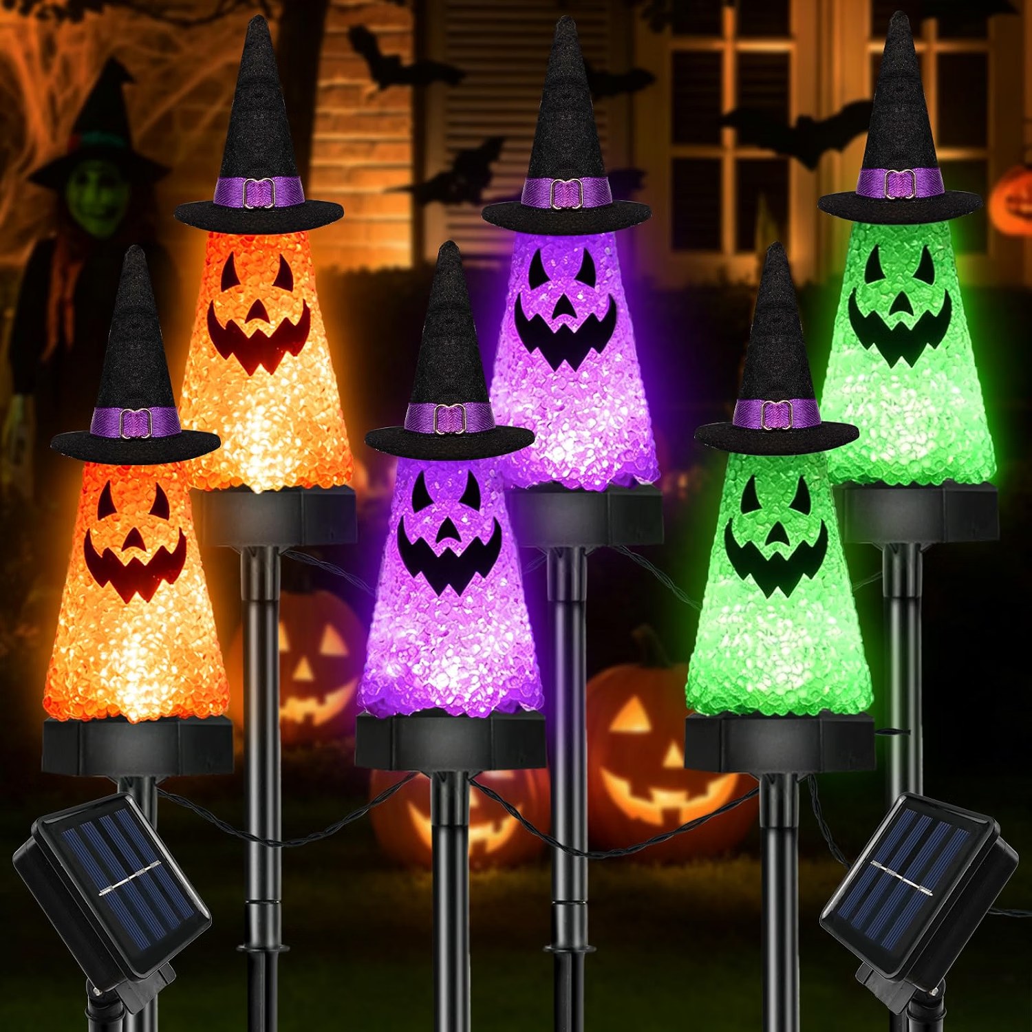 Solar-powered Halloween pathway lights with witch hats