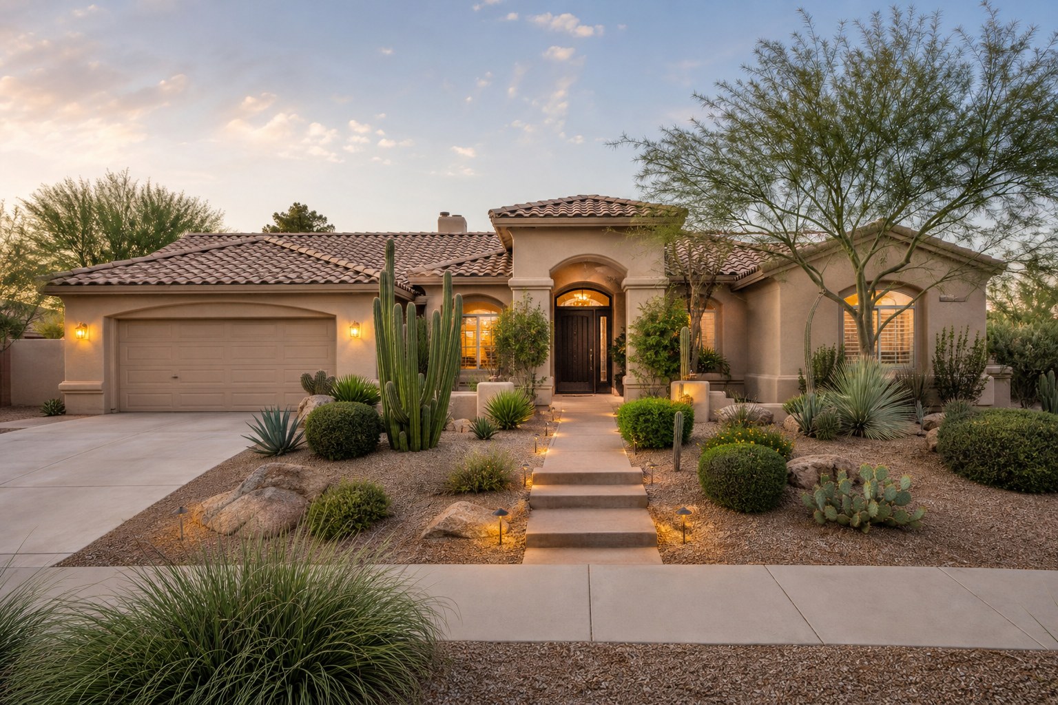 Well-kept Arizona stucco home with desert landscaping at sunset