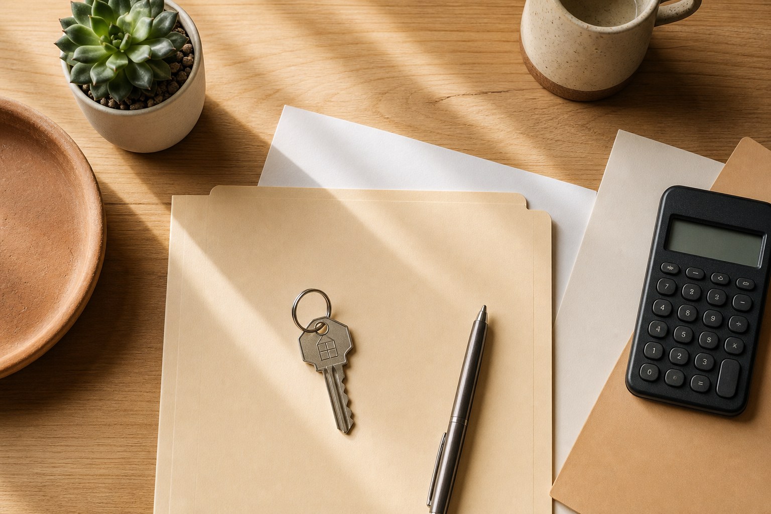 Home sale planning folder, key, calculator, and pen on a wooden table