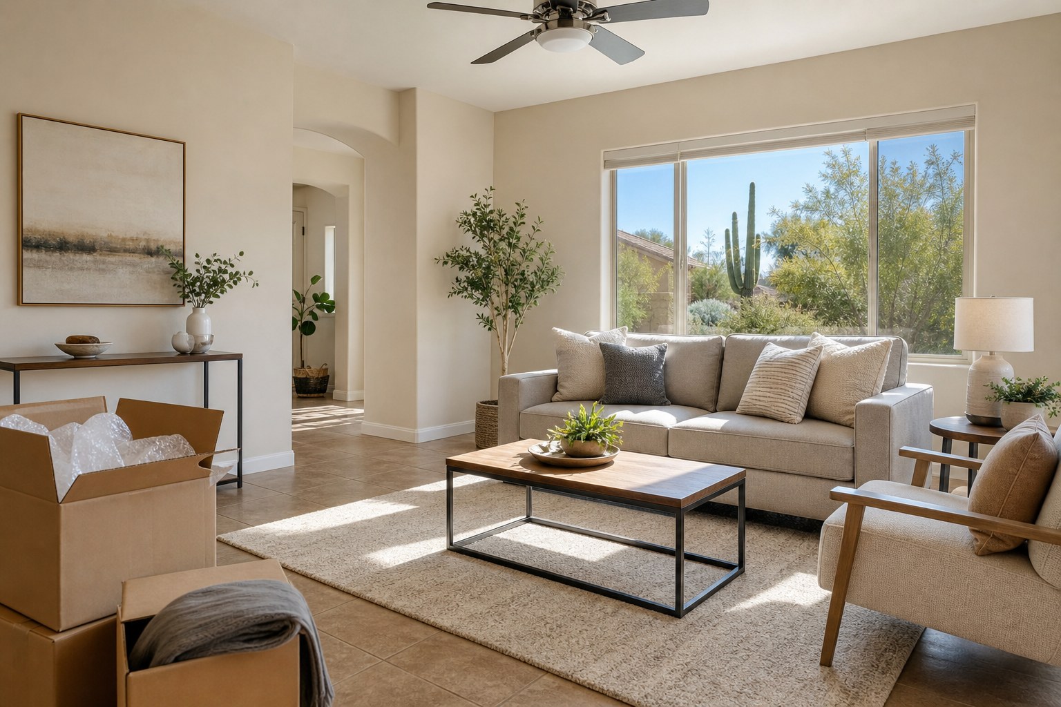 Tidy Arizona living room prepared for a home showing