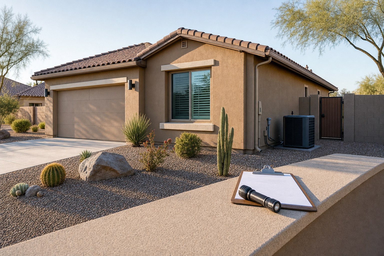 Arizona stucco home with a roofline, air conditioner, and home inspection tools