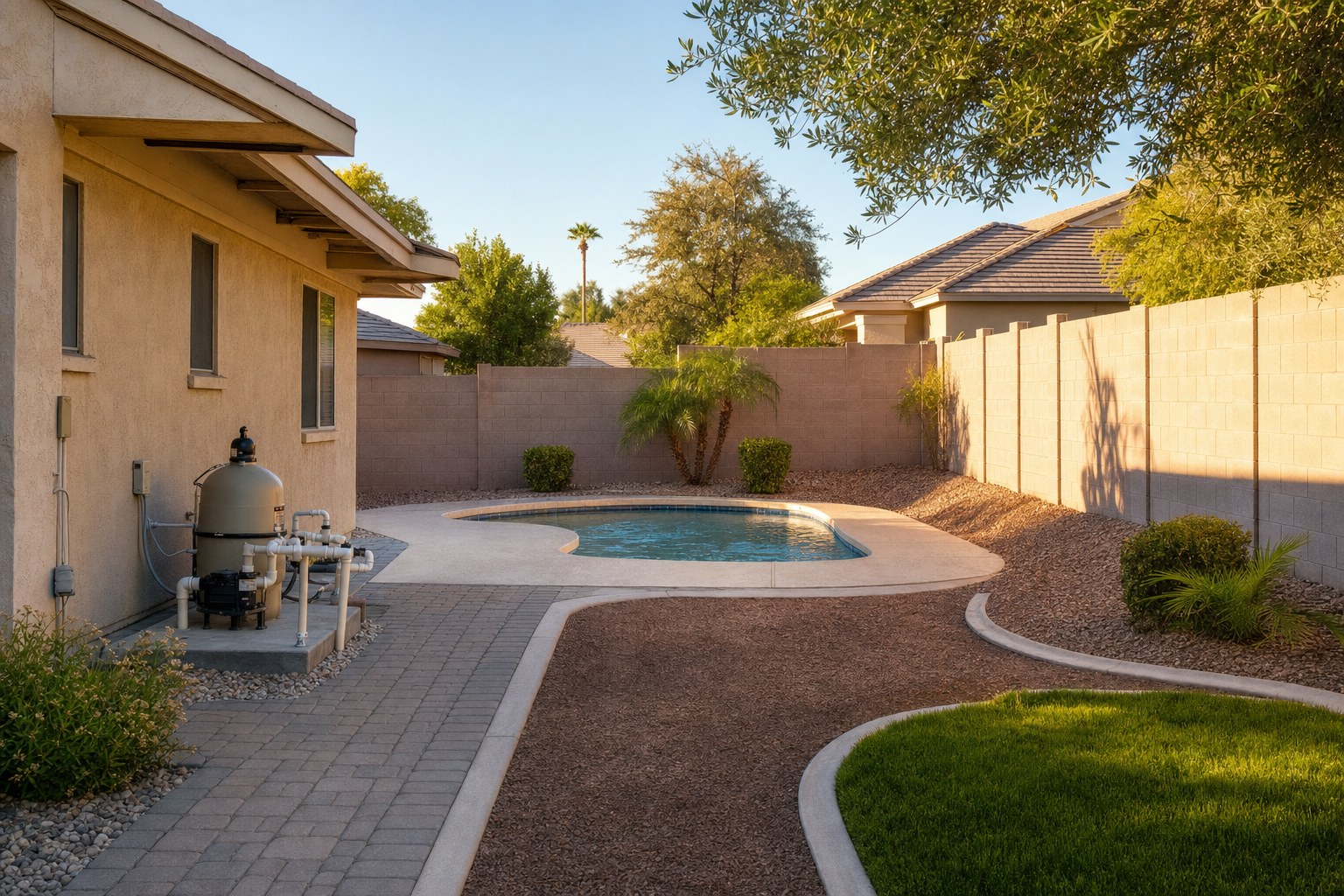 Arizona backyard pool, pool equipment, and drainage around a stucco home