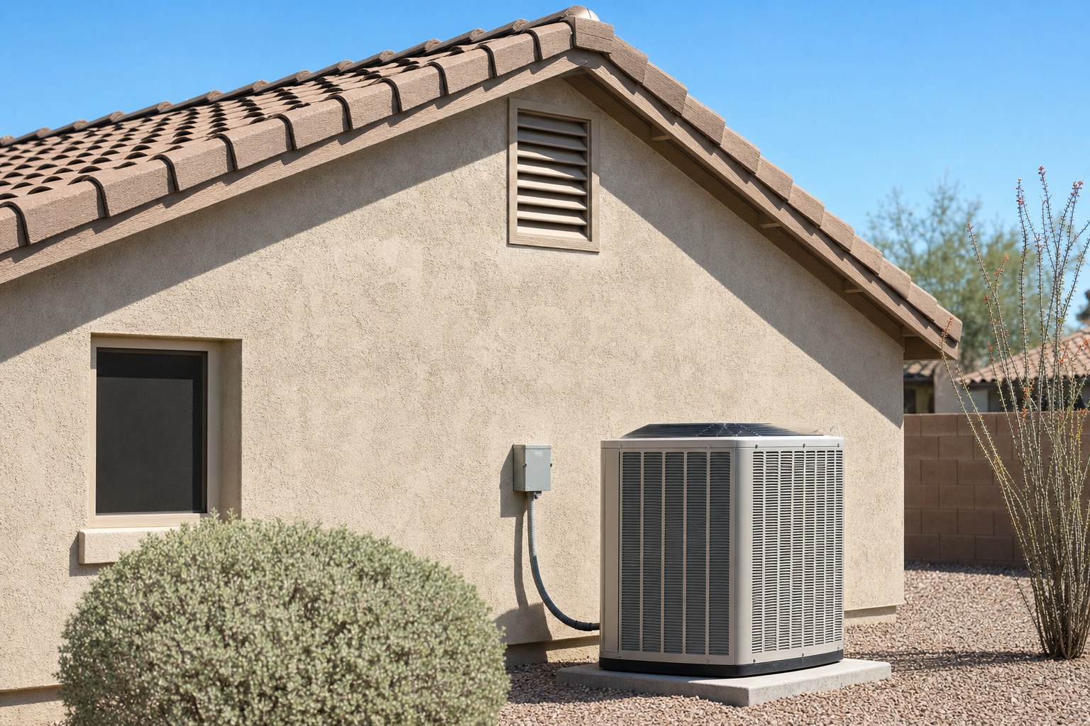Arizona tile roof, attic vent, and outdoor air-conditioning unit