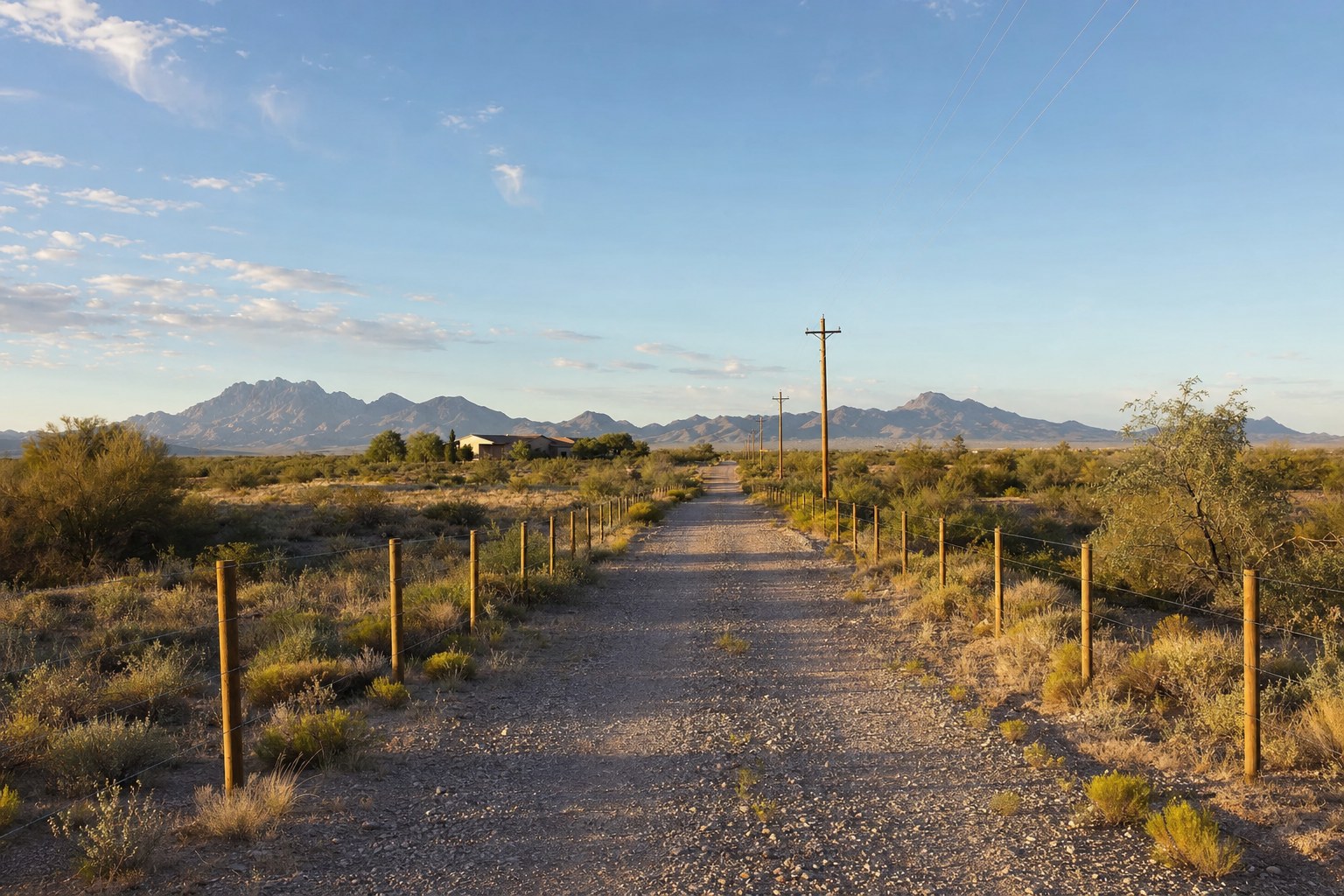 Gravel access road and utility poles across a rural Arizona parcel