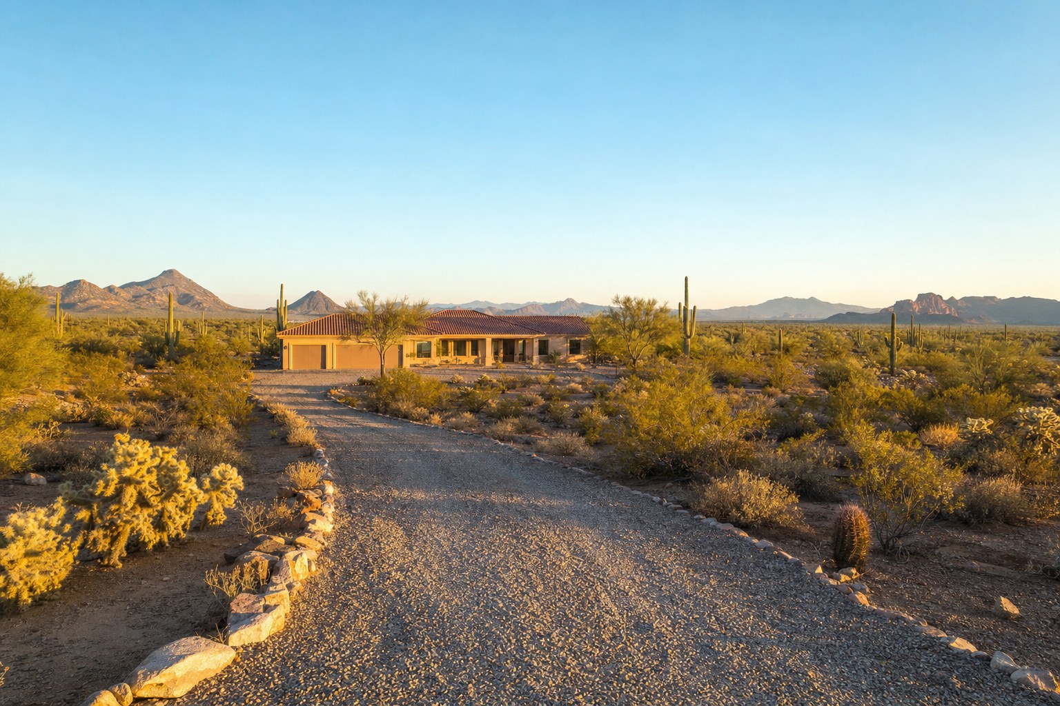 Arizona desert home site with a gravel drive, native vegetation, and mountains