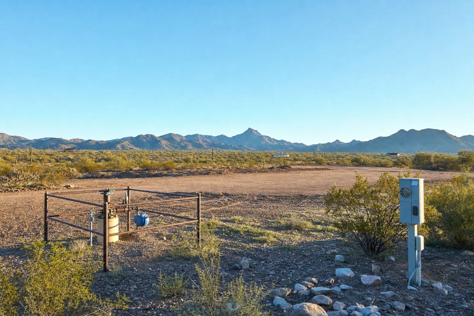 Rural Arizona homesite with a wellhead and electric service pedestal