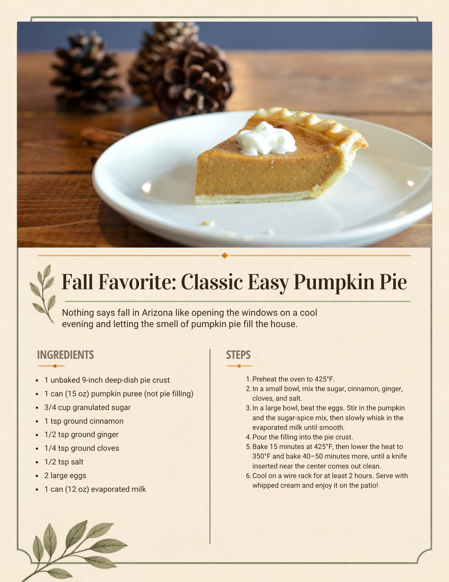 Loving AZ Homes newsletter page 2: Classic easy pumpkin pie