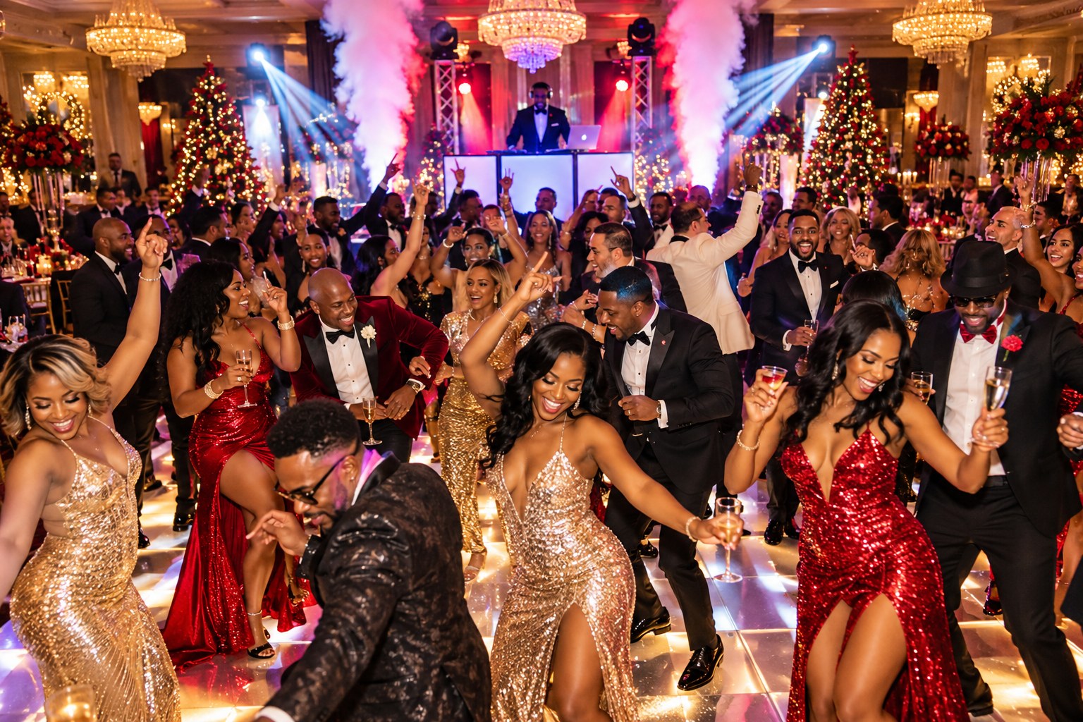 Guests dancing together at a ballroom corporate celebration
