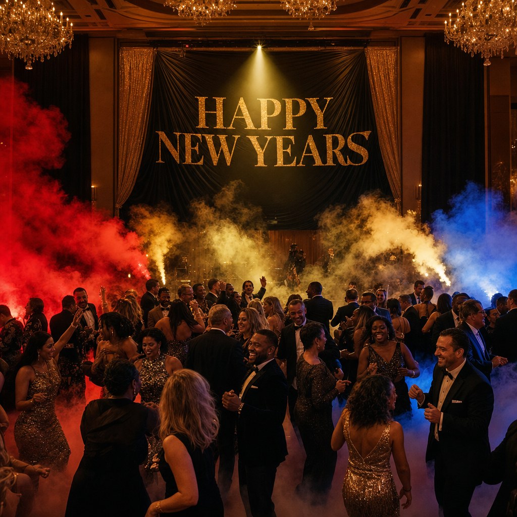 Guests celebrating under party lighting
