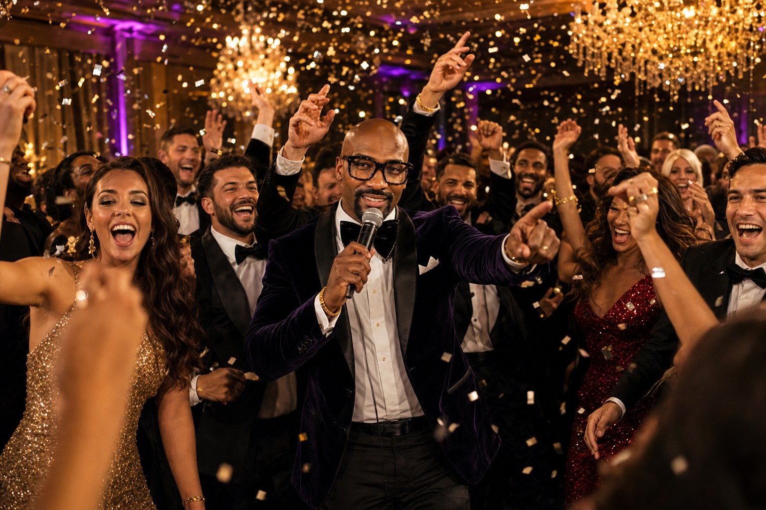 Event MC with a microphone celebrating with guests at a ballroom party