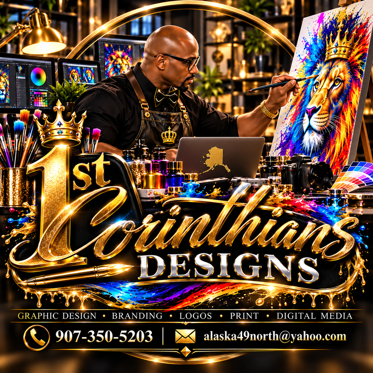 1st Corinthians Designs artwork showing a creative studio, crowned lion, and graphic design services