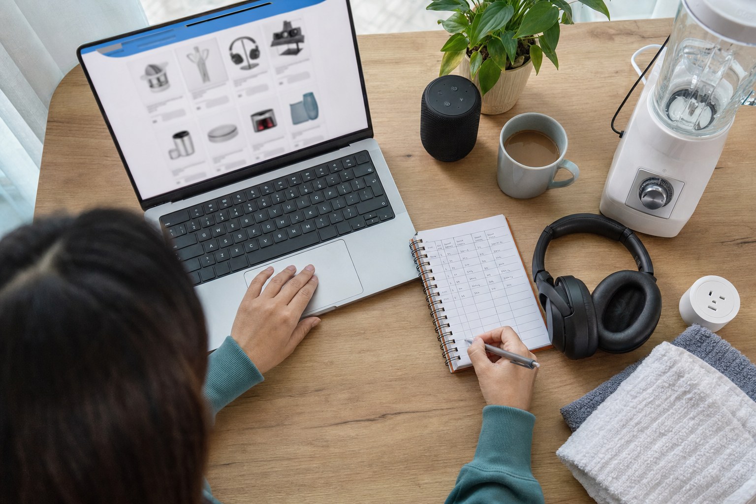 Laptop, everyday finds, and a notebook prepared for a careful deal search