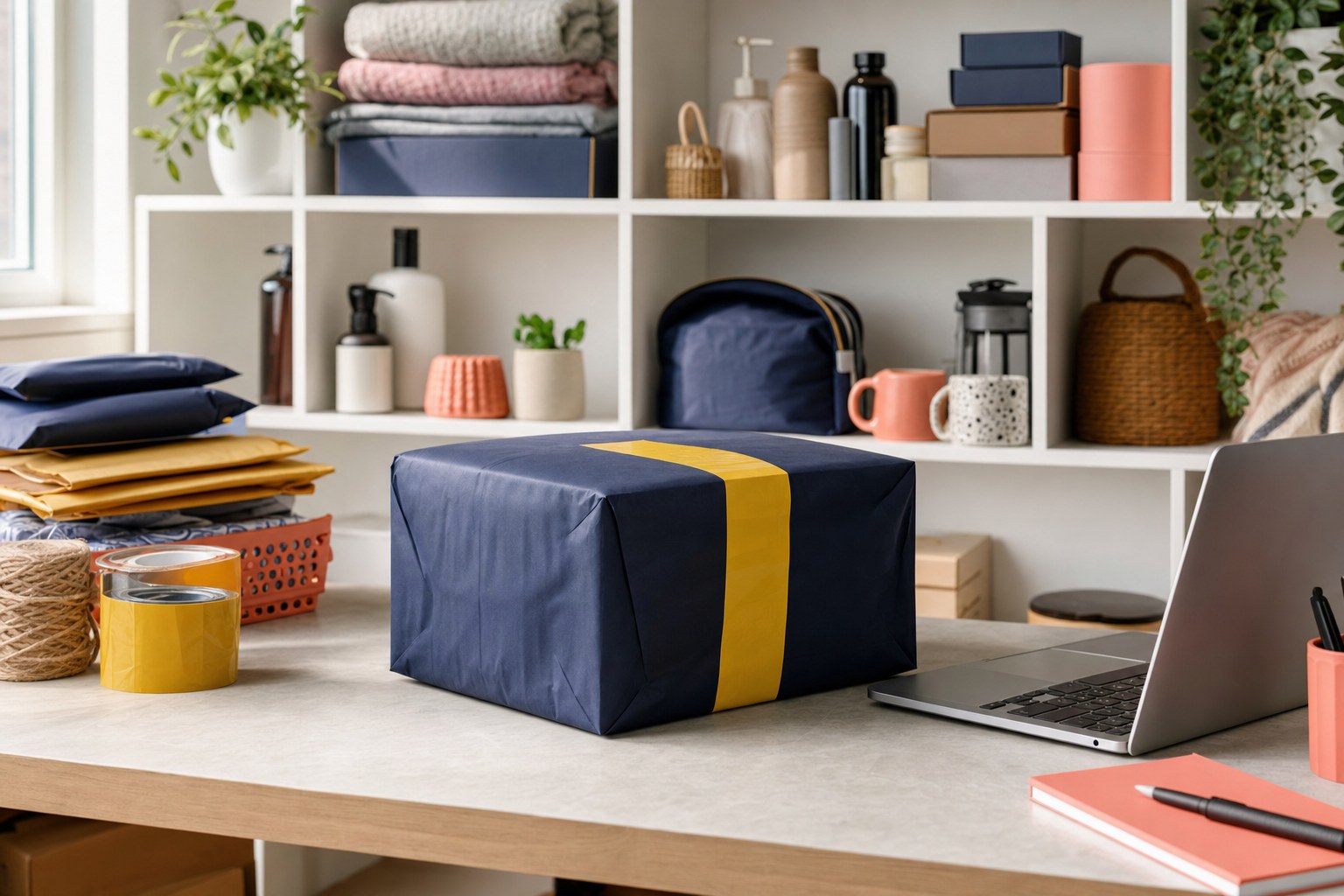 A packed parcel beside a laptop and a shelf of assorted finds