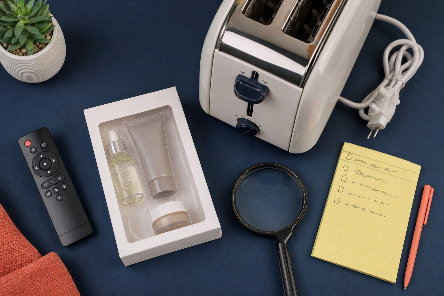 A remote, home appliance, and personal-care items laid out for inspection
