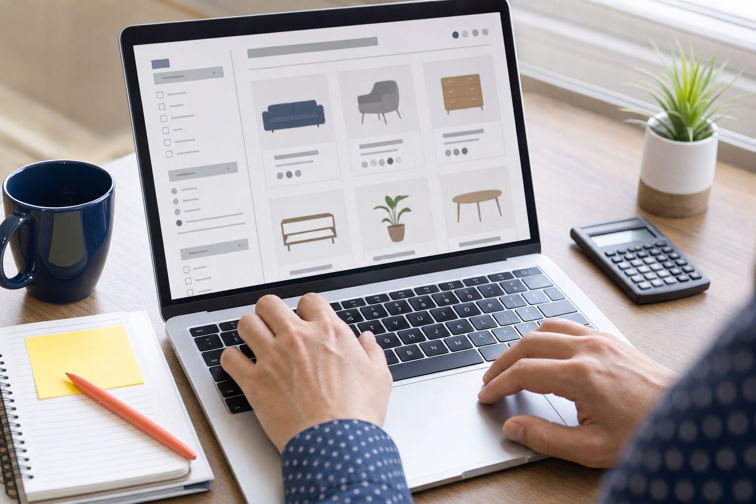 Shopper comparing marketplace search filters on a laptop
