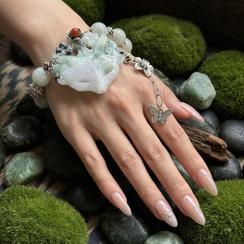 52mm Fox Carved Head Water Jade Bracelet with Silver Accents – 6" + 2" Extender