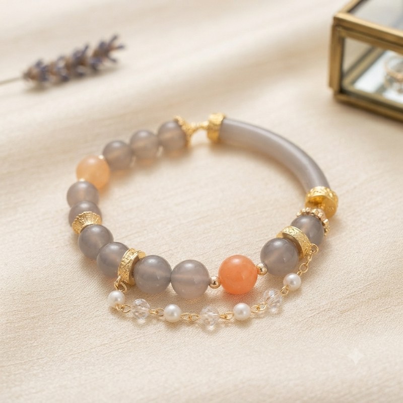 Grey Agate & Peach Moonstone Bangle Bracelet