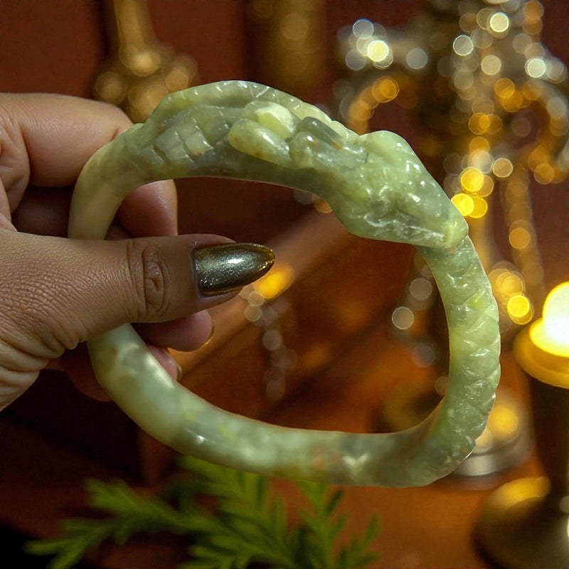 Hand-carved green serpentine dragon bangle bracelet