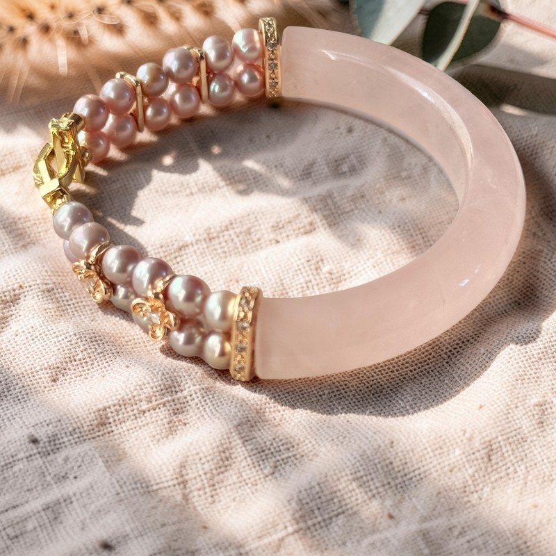 Rose quartz and freshwater pearl bangle bracelet