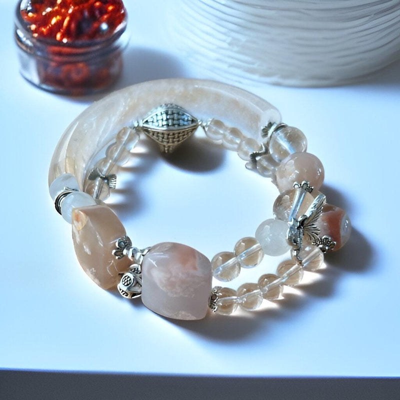 Sakura agate and clear quartz crescent bangle with silver accent