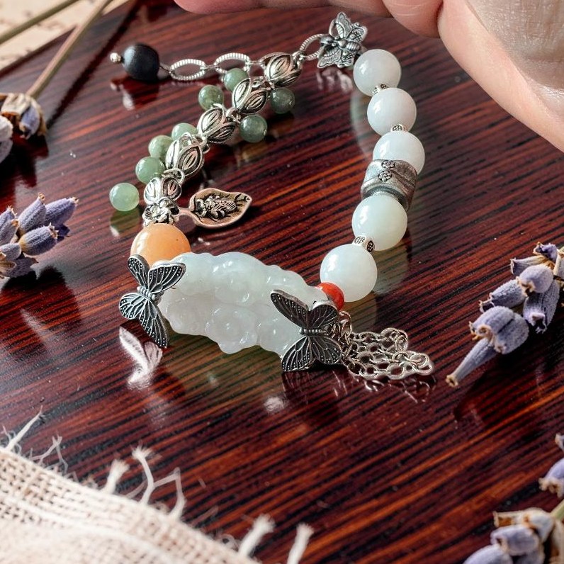 Water Jade Hand Carved Sakura Flower Bracelet with Butterfly Charms & Orange Agate