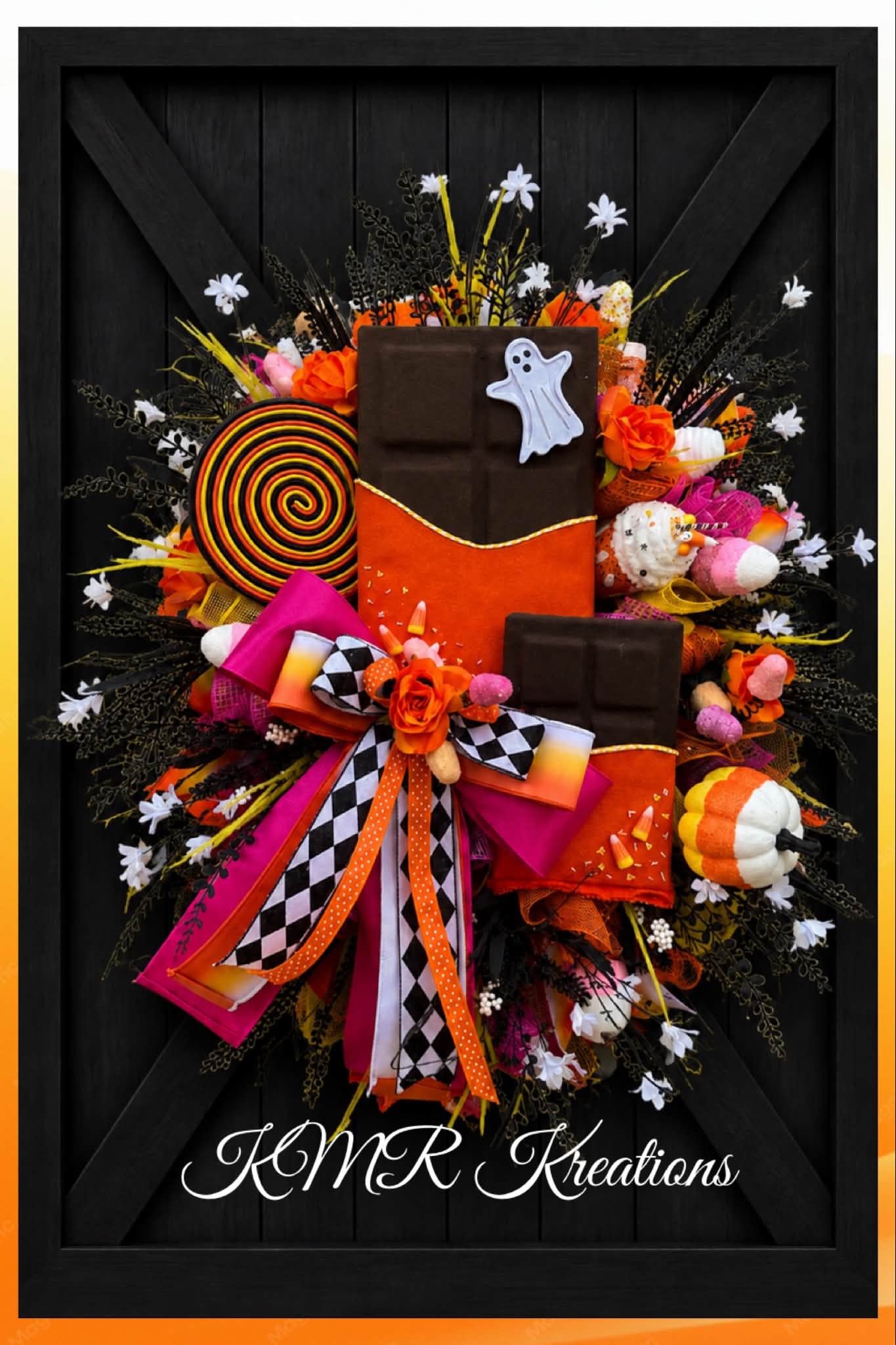 Handmade Candy Corn Wreath with Halloween candy details