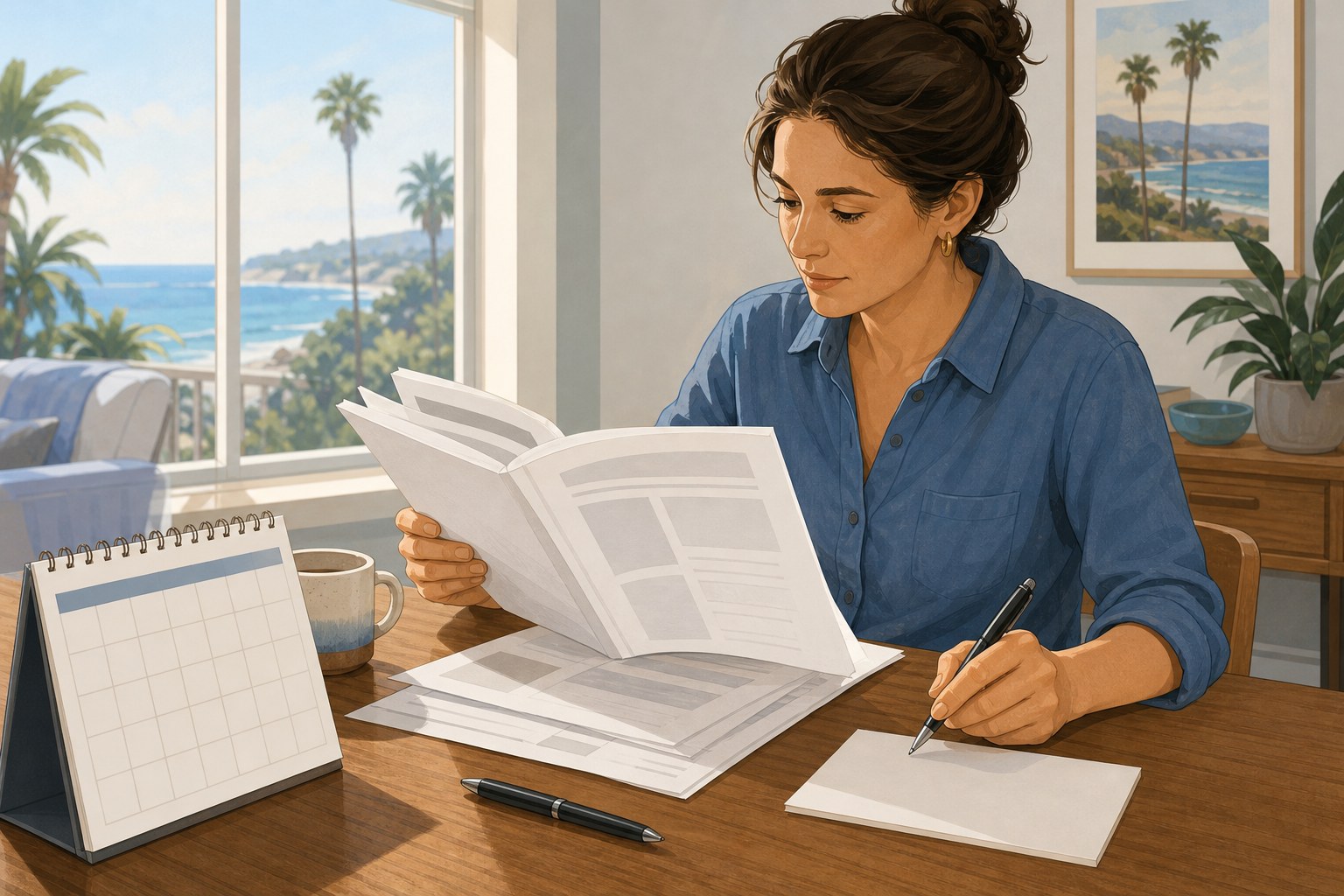 Illustration of a resident reviewing meeting papers and preparing questions before a City Council meeting