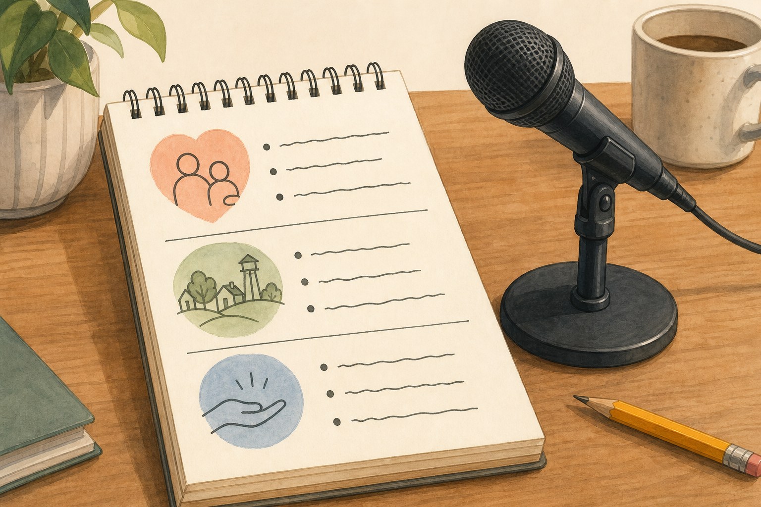 Illustration of a simple public-comment outline beside a microphone