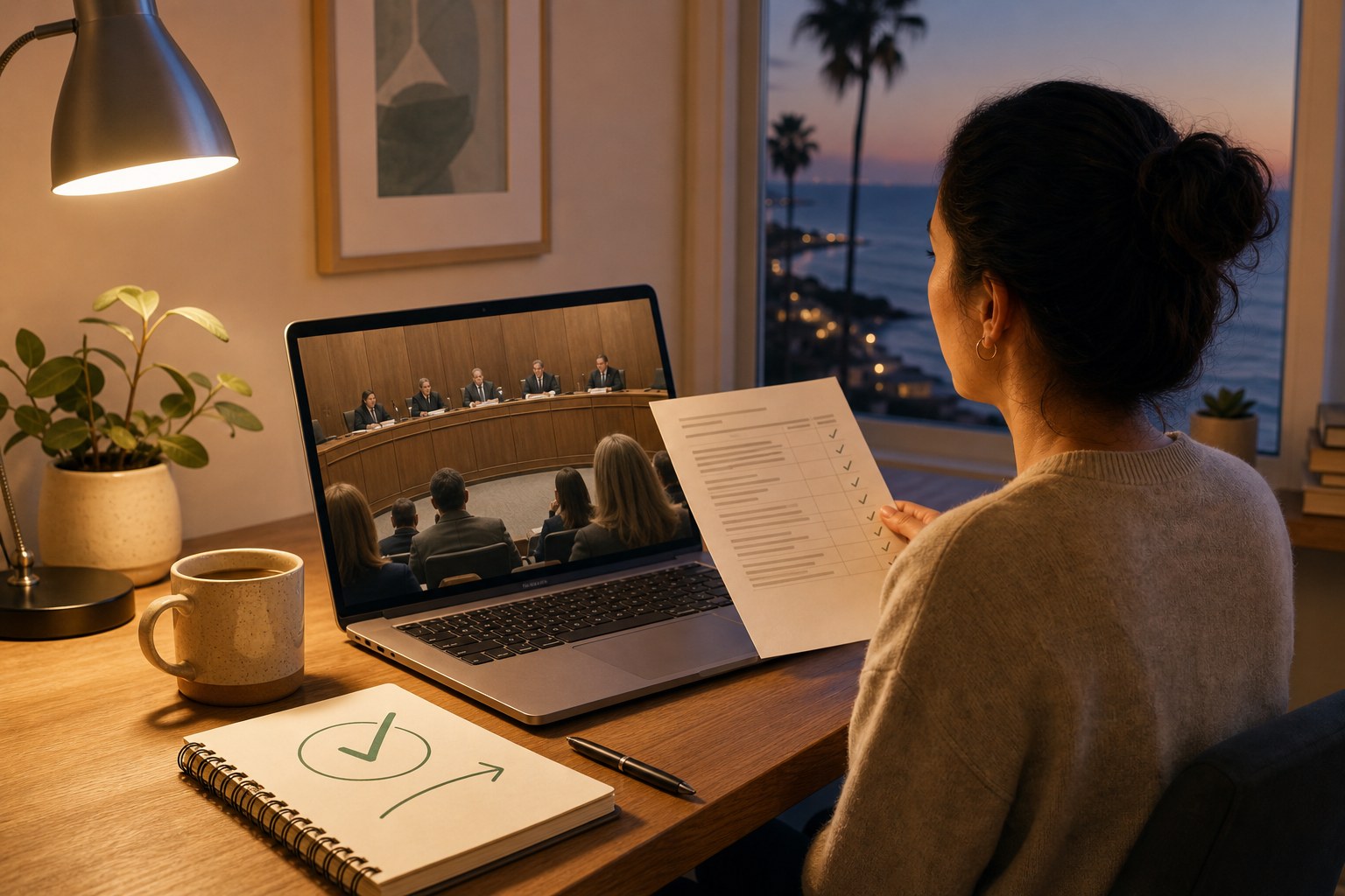 Illustration of a resident checking a City Council meeting record and planning a follow-up
