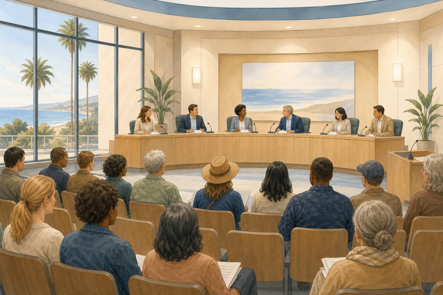 Illustration of residents observing a city council meeting in a coastal California community