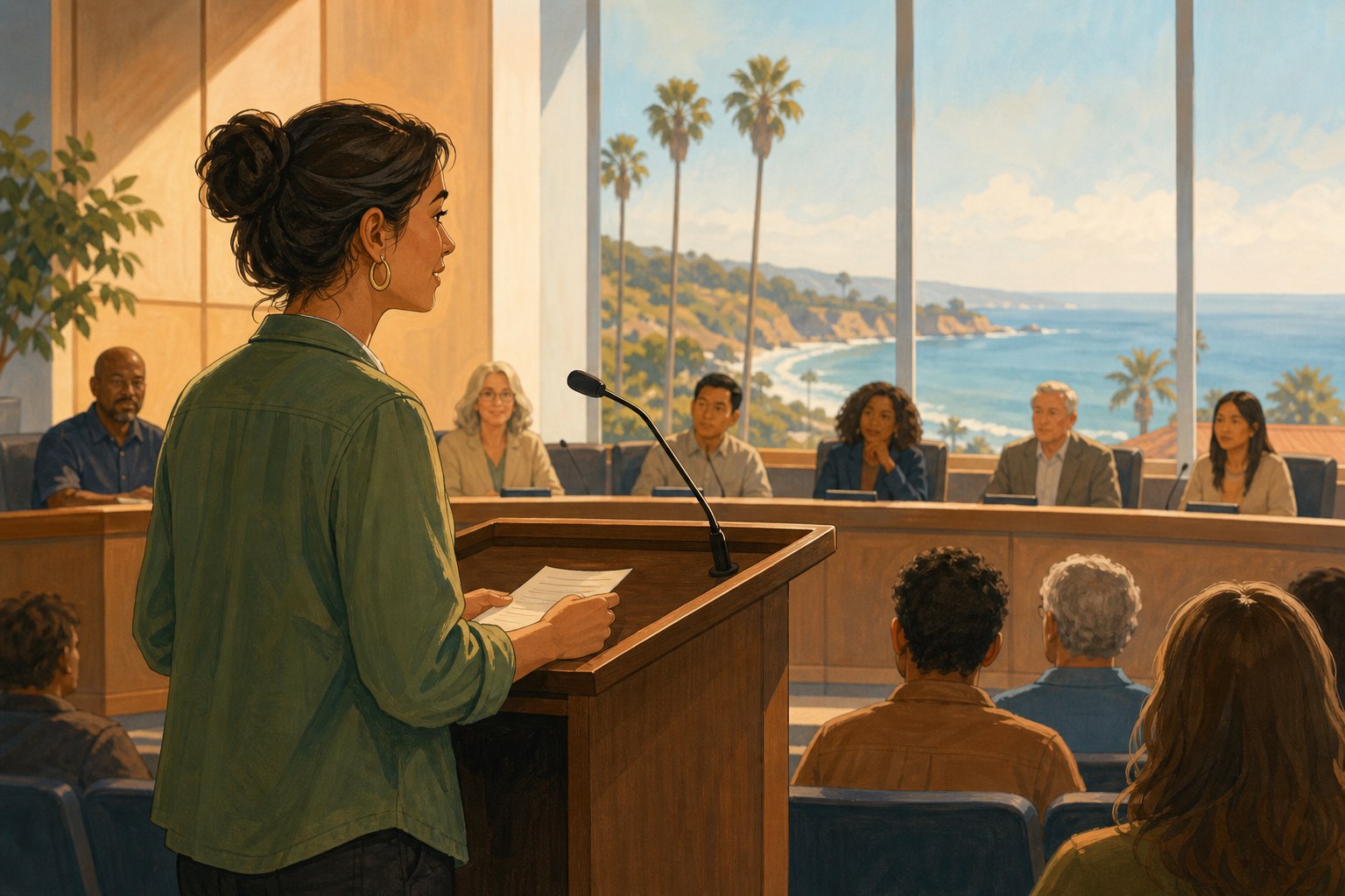 Illustration of a resident giving public comment at a city council meeting