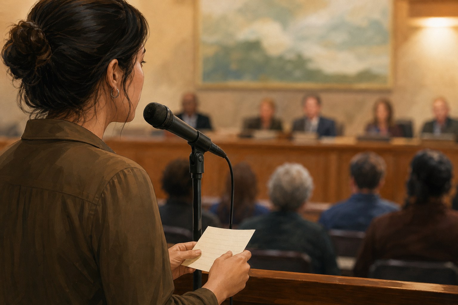 Illustration of a resident making a prepared public comment at a City Council meeting