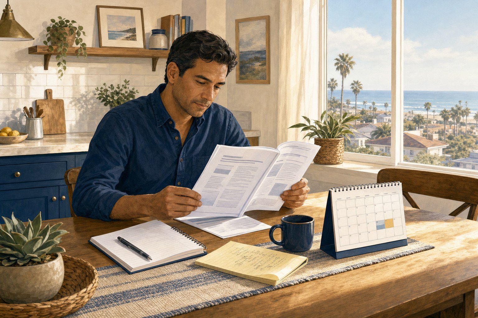 Port Hueneme resident reviewing a public meeting agenda beside a calendar